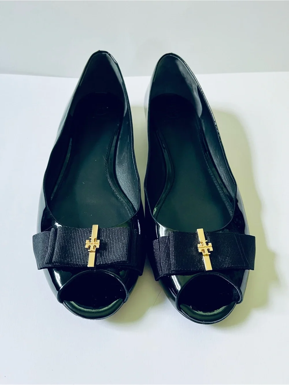 Tory Burch Trudy Black Patent Leather Peep-Toe Bow Flats - Size 10.5 M